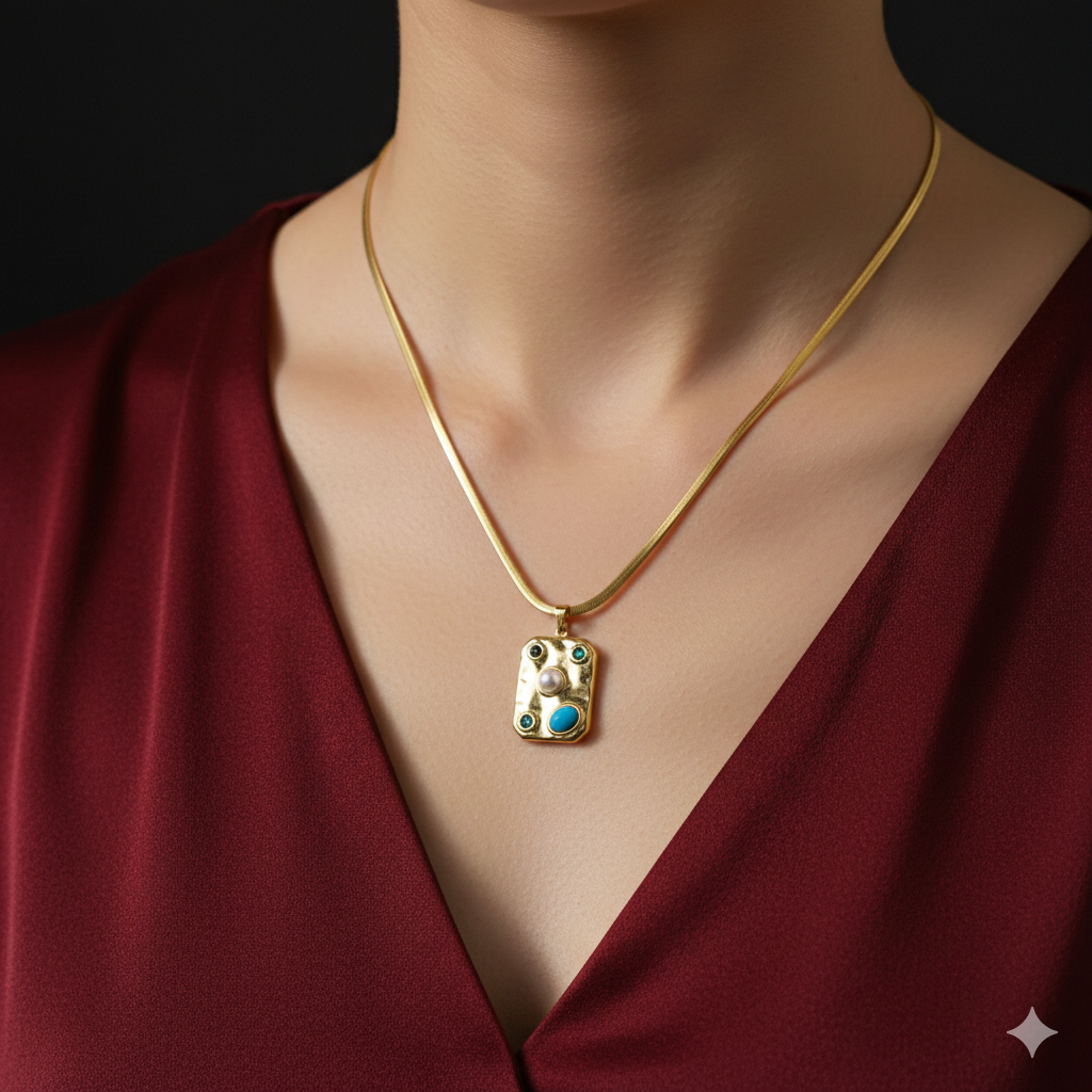 Snake Chain Necklace With Multistone Pendant